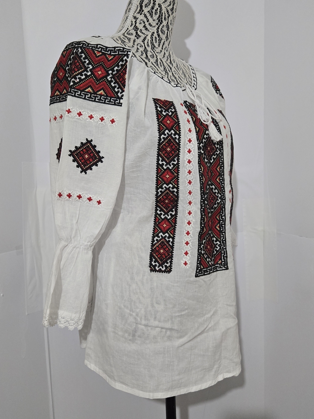 White Embroidered Boho Peasant Blouse with Red & Black Folk Motif - Picture 4 of 8
